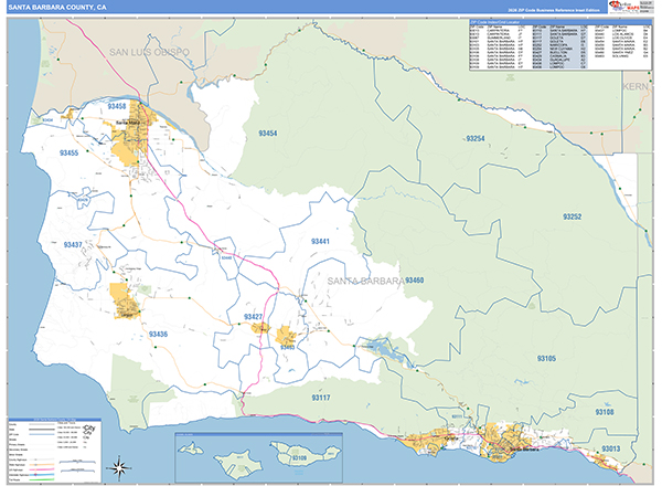 Santa Barbara County, CA Zip Code Wall Map